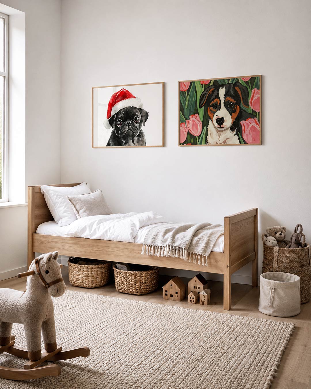 Twee liggende posters met een schattige zwarte mopshond met een rode kerstmuts, aan de muur in een interieur