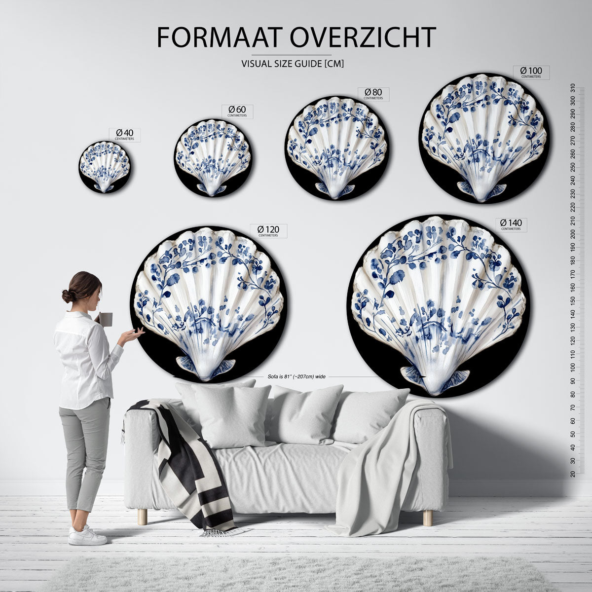 Schelp met blauwe takken Muurcirkel