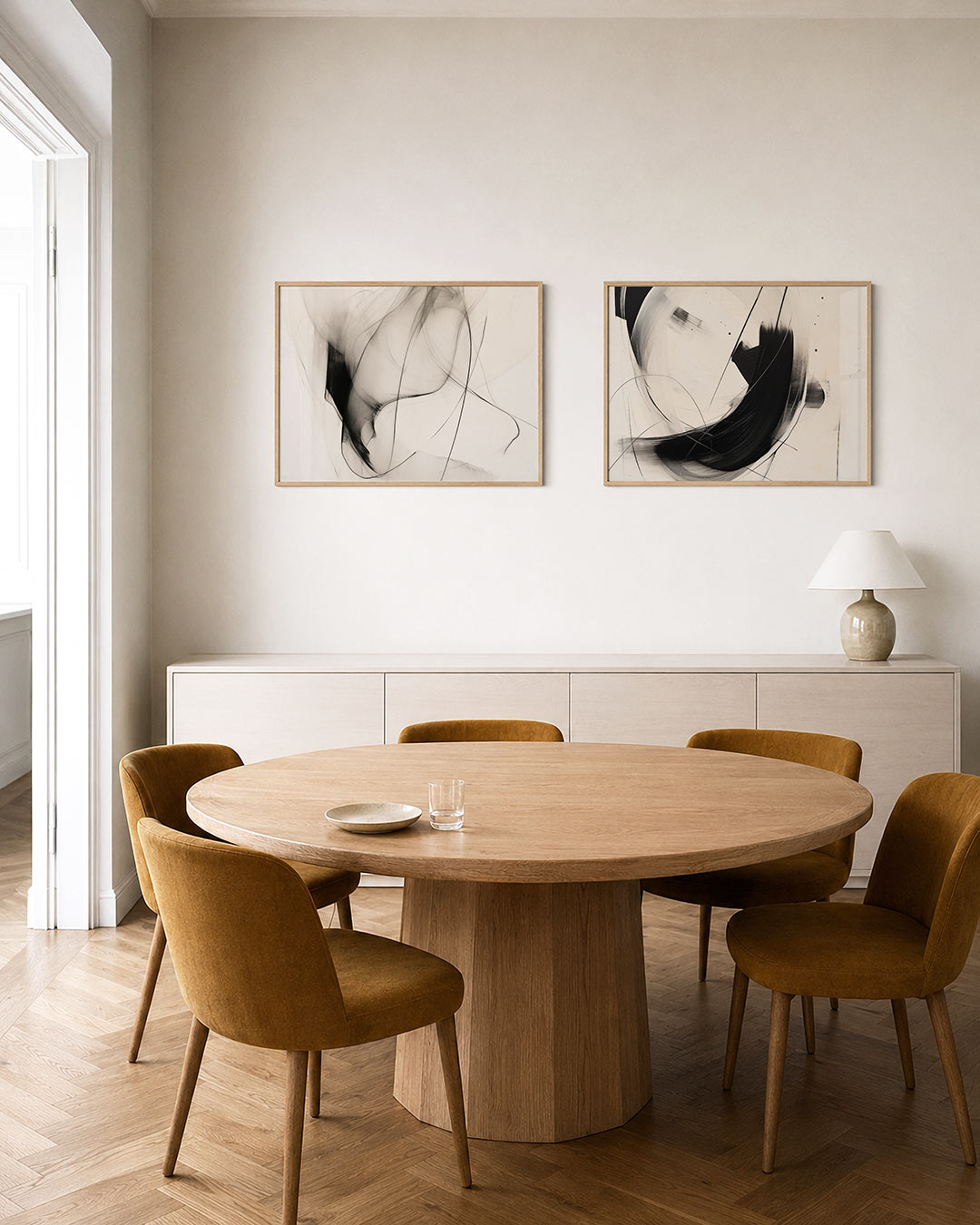 Tweedelige posterset met een spel van vloeiende lijnen en zachte kleurvlakken, getoond in een interieur