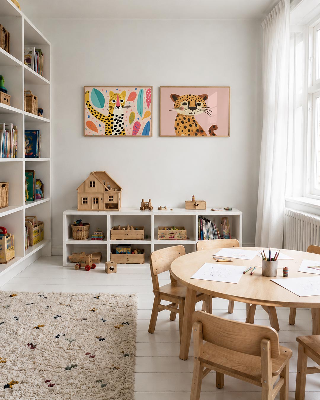 Tweedelige posterset met een speelse luipaard omringd door kleurrijke bladeren en stippen, getoond in een interieur