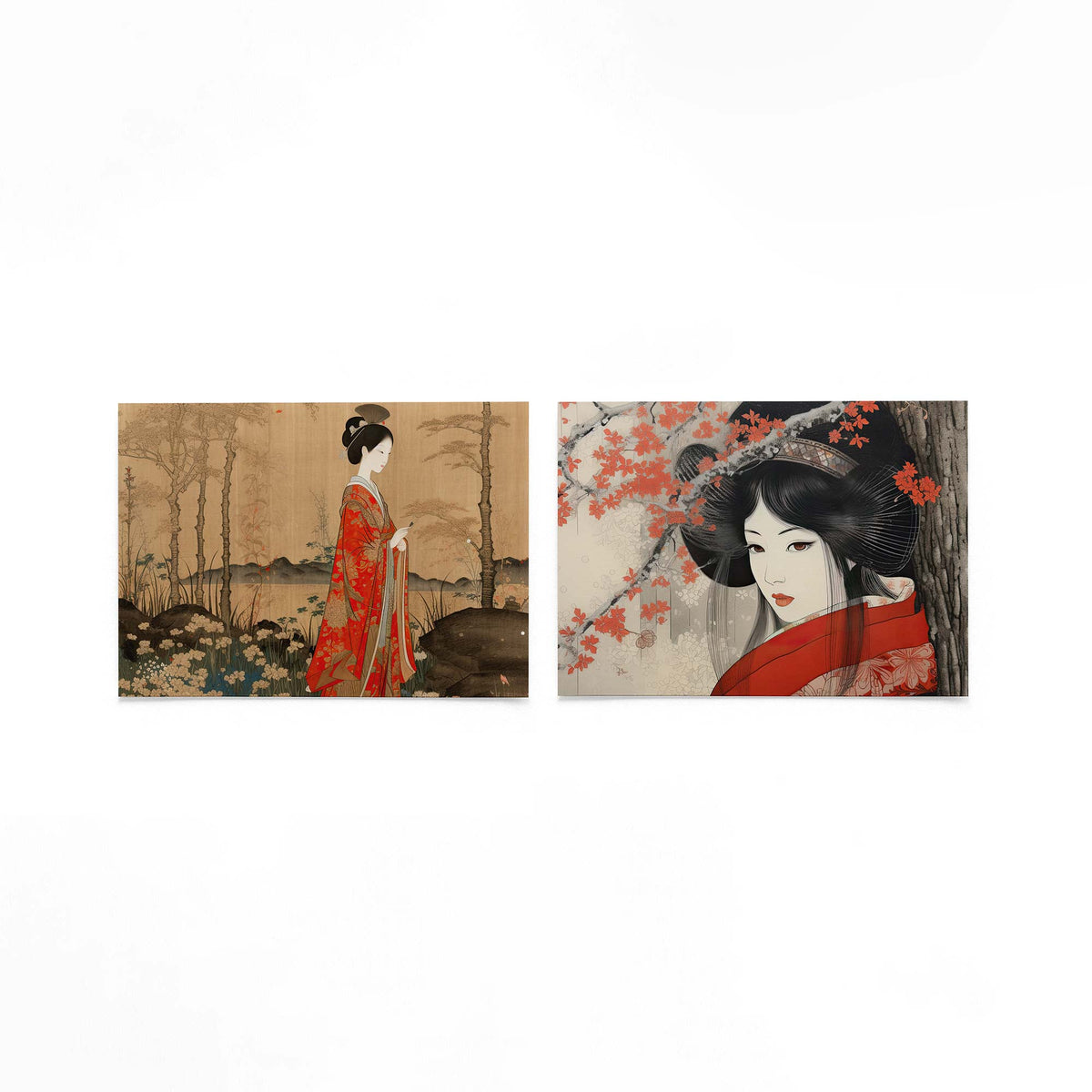 Twee liggende posters met een vrouw in een rode kimono met bloemrijke details op een gebroken witte achtergrond