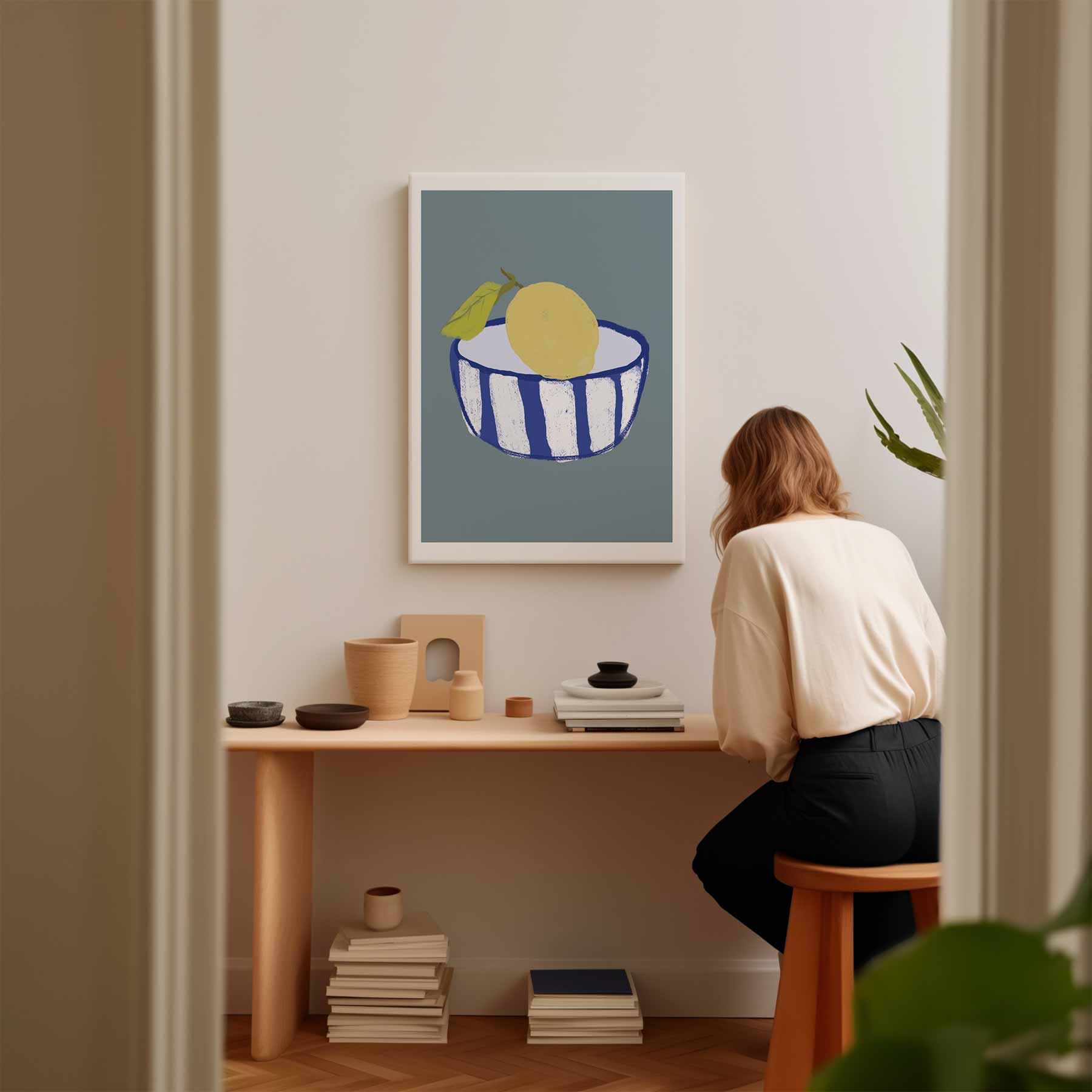 Citroen in Blauwe Kom Kunstwerk-canvas-dibond-plexiglas-wanddecoratie-WallArtistic