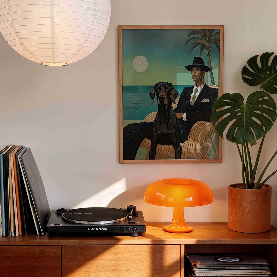 Man met hond en palmboom Poster