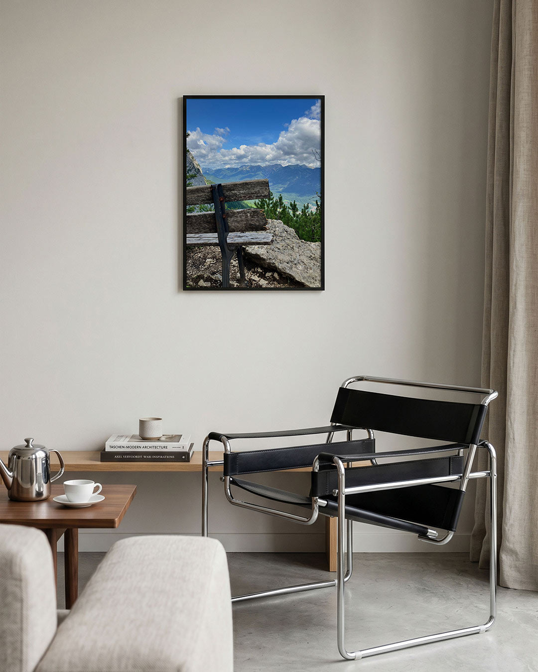 Berglandschap met bank Poster