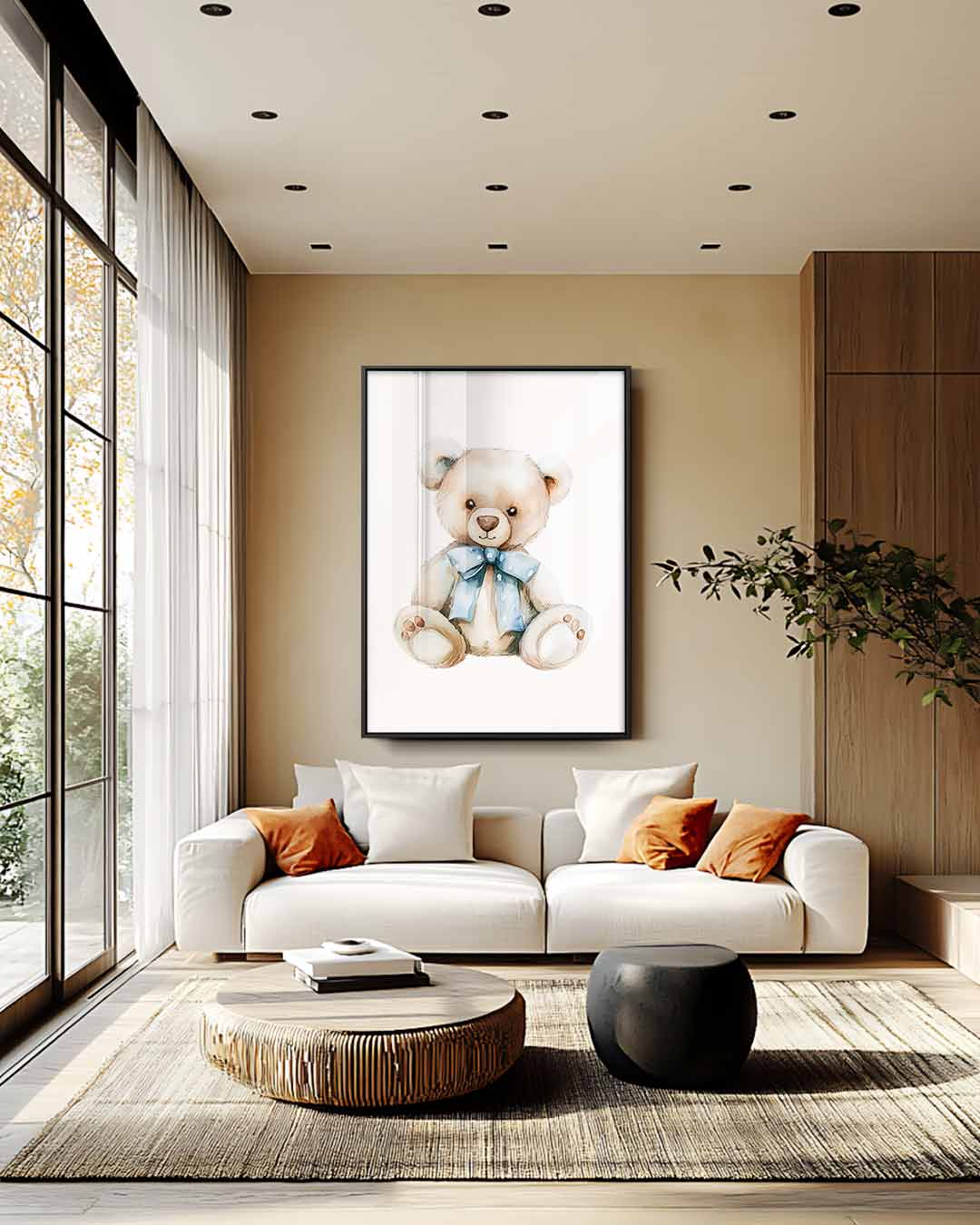 Schattige Beer met Blauwe Strik Kunstwerk-canvas-dibond-plexiglas-wanddecoratie-WallArtistic