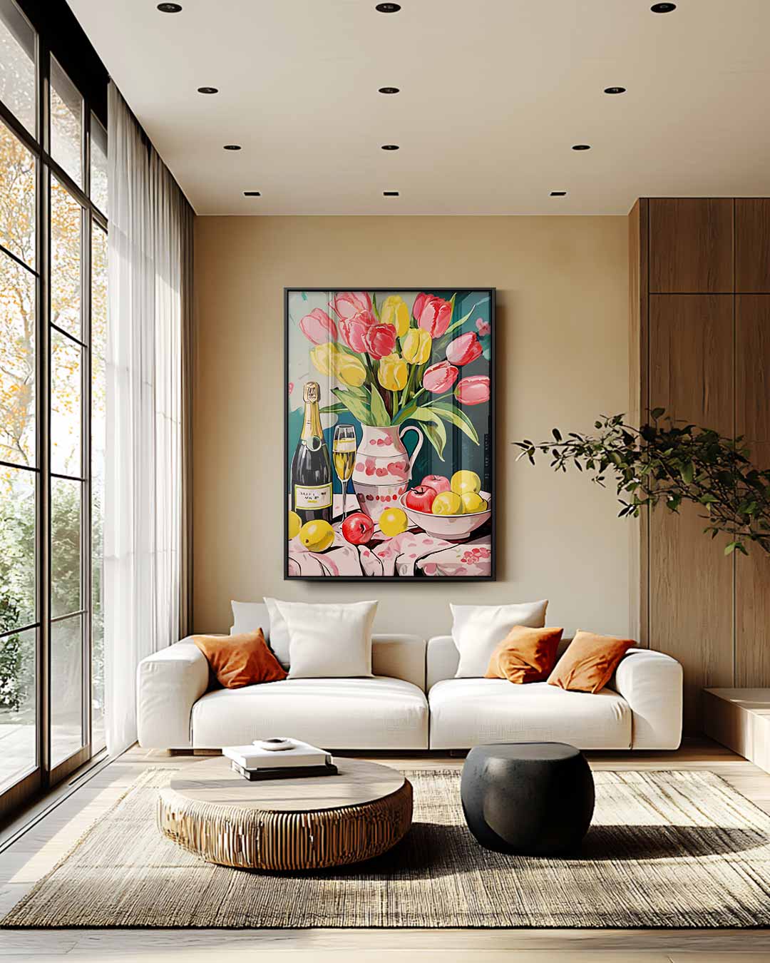 Tulpen en Champagne Stilleven Kunstwerk-canvas-dibond-plexiglas-wanddecoratie-WallArtistic