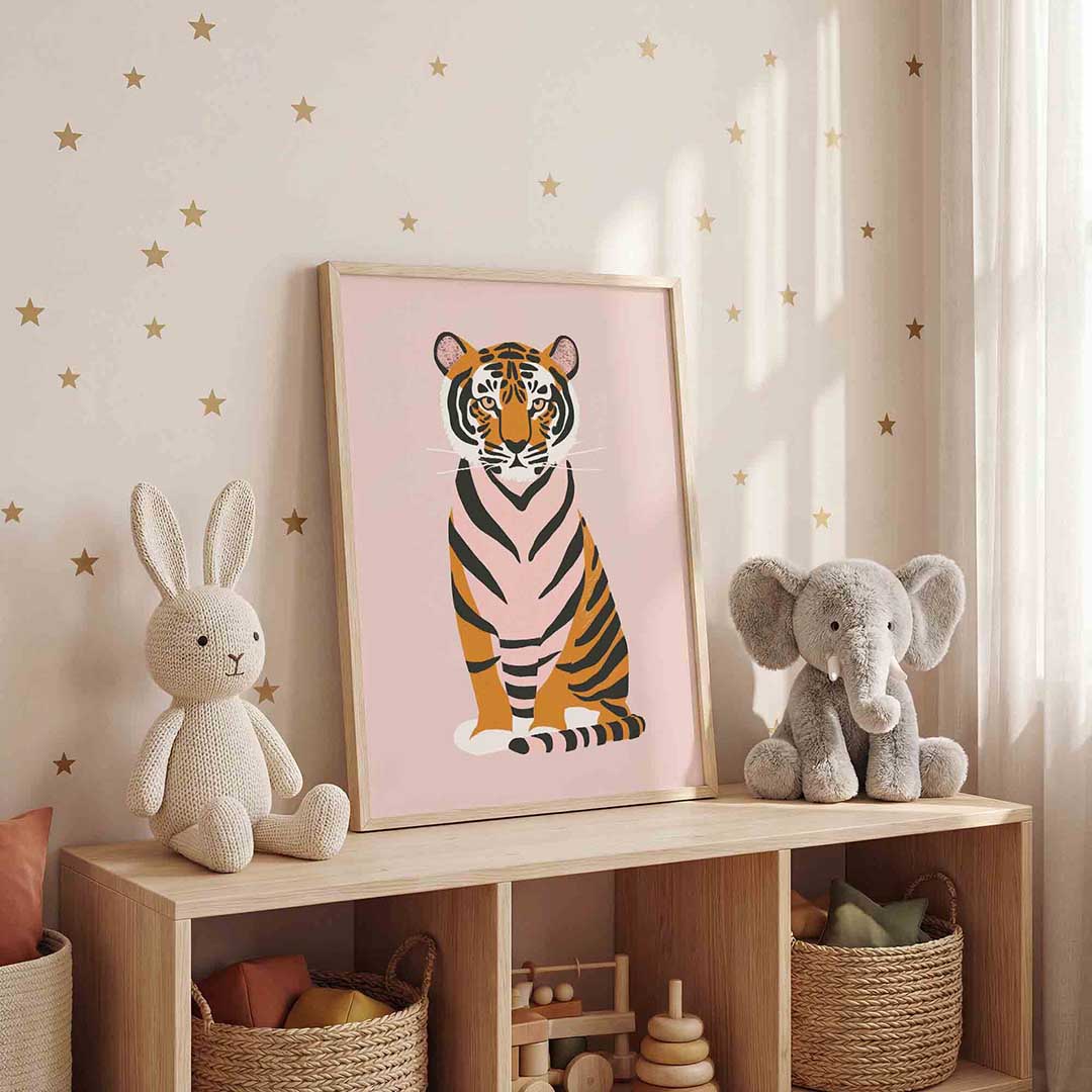 Tijger op roze achtergrond Poster