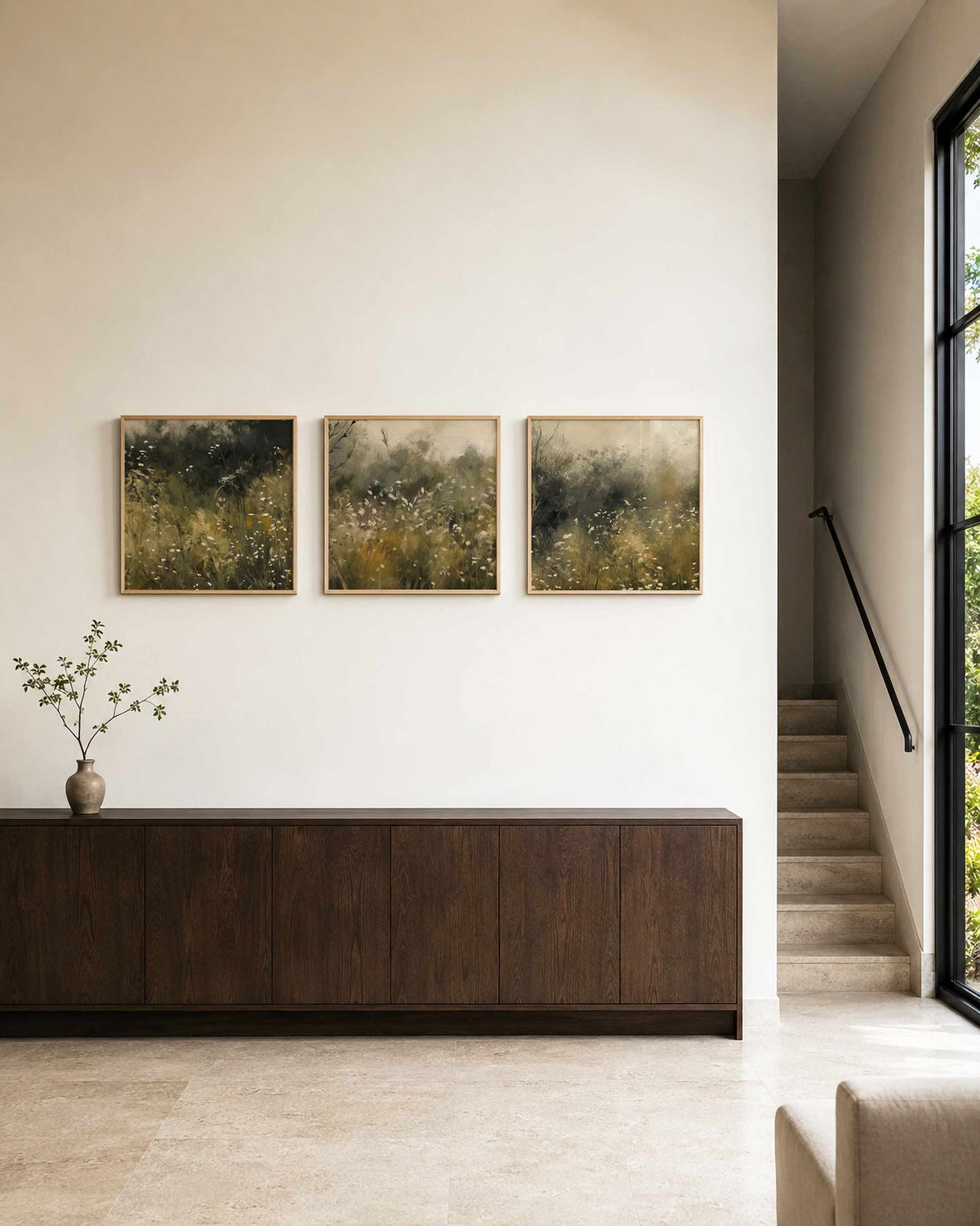 Interieurpresentatie van een driedelige vierkante posterset met wilde bloemen