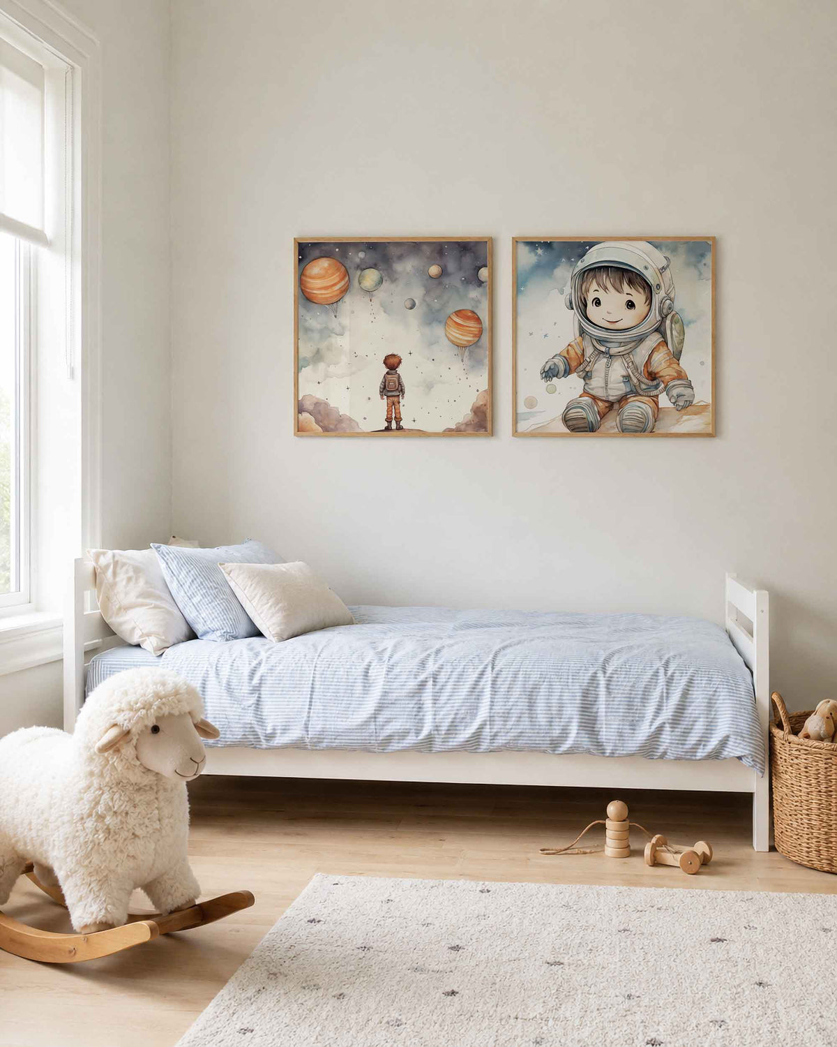 Interieurpresentatie van een tweedelige vierkante posterset met ruimtekinderen