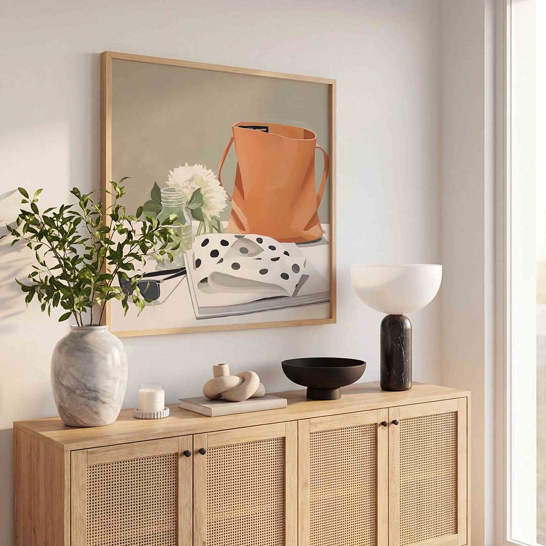 Oranje tas en bloemen Poster