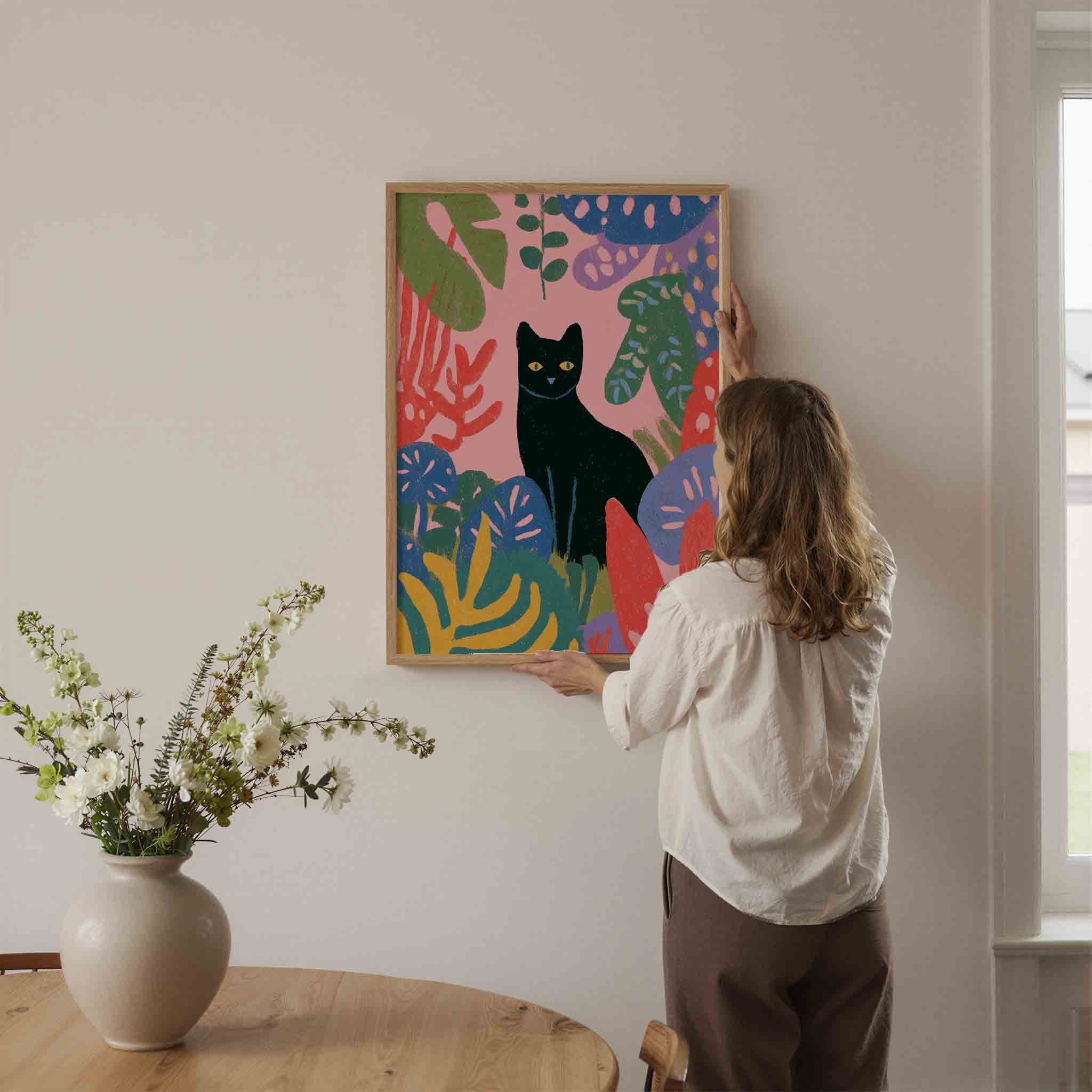 Zwarte kat en bladeren Poster