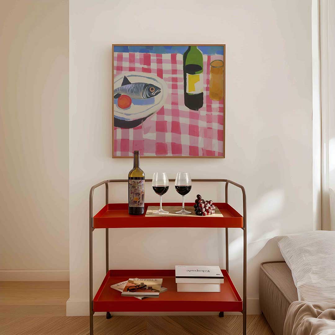 Vis en fles op tafel Poster