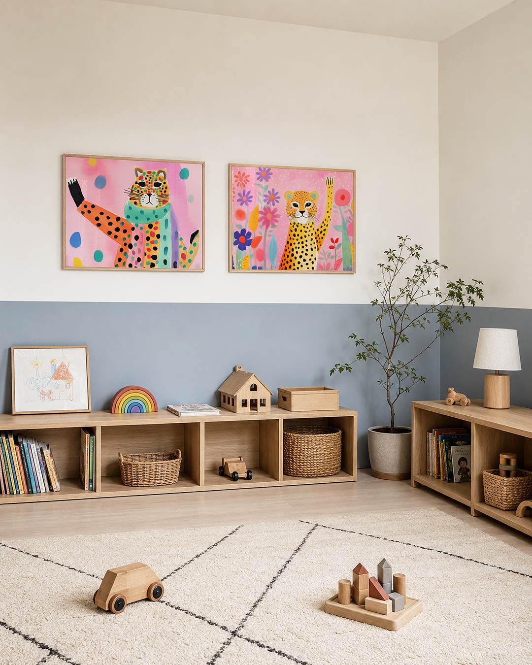 Twee liggende posters met een kleurrijke kat met stippen en strepen op een roze achtergrond, aan de muur in een interieur