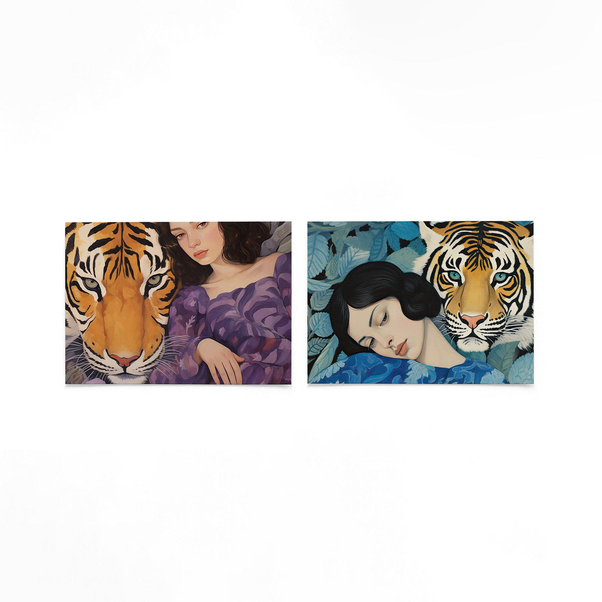 Twee liggende posters met een tijger en een vrouw delen een serene blik op een gebroken witte achtergrond