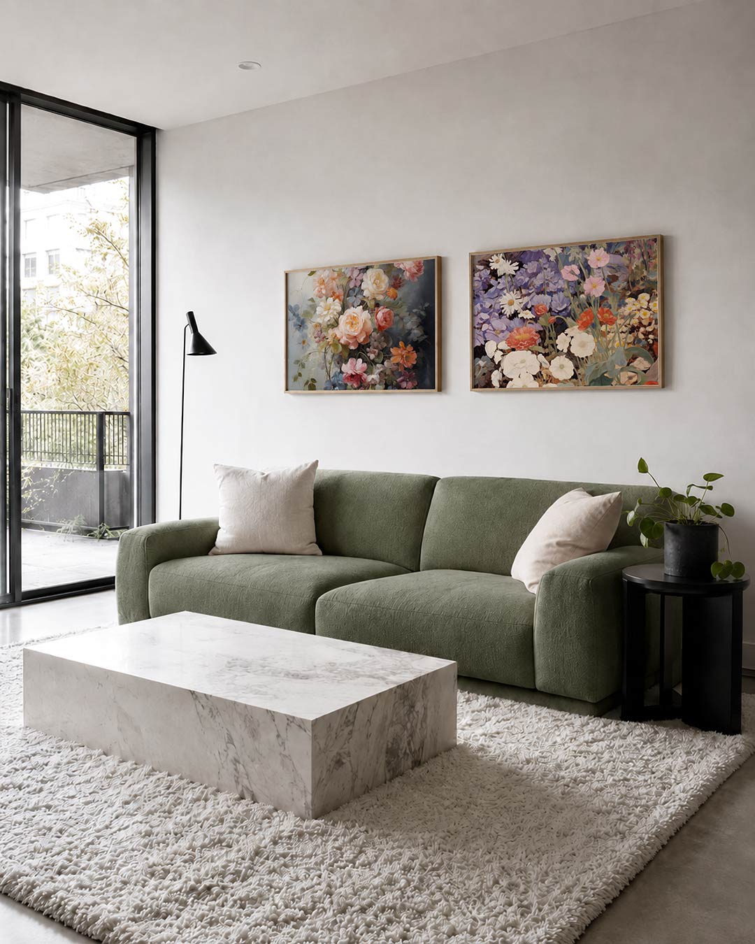 Twee liggende posters met een weelderige verzameling bloemen in zachte pasteltinten, aan de muur in een interieur