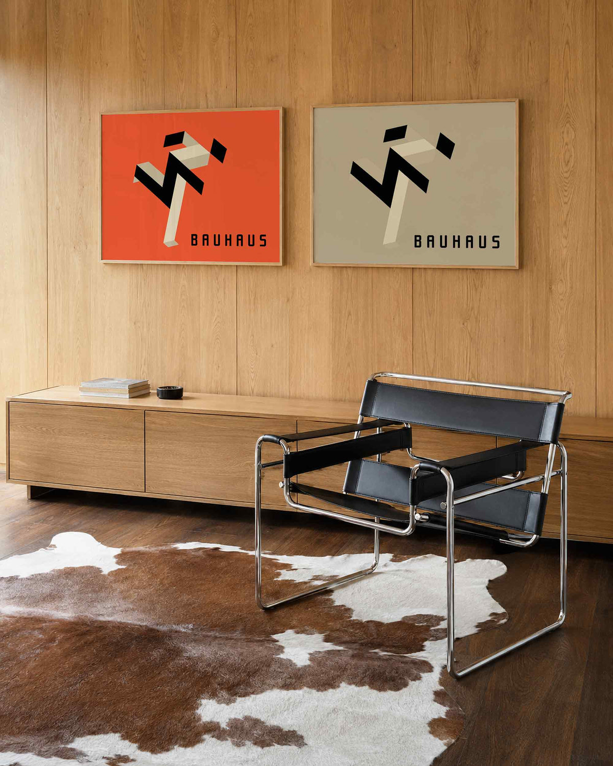 Interieurmockup van tweedelige landscape-posterset met zigzag en beige vlakken