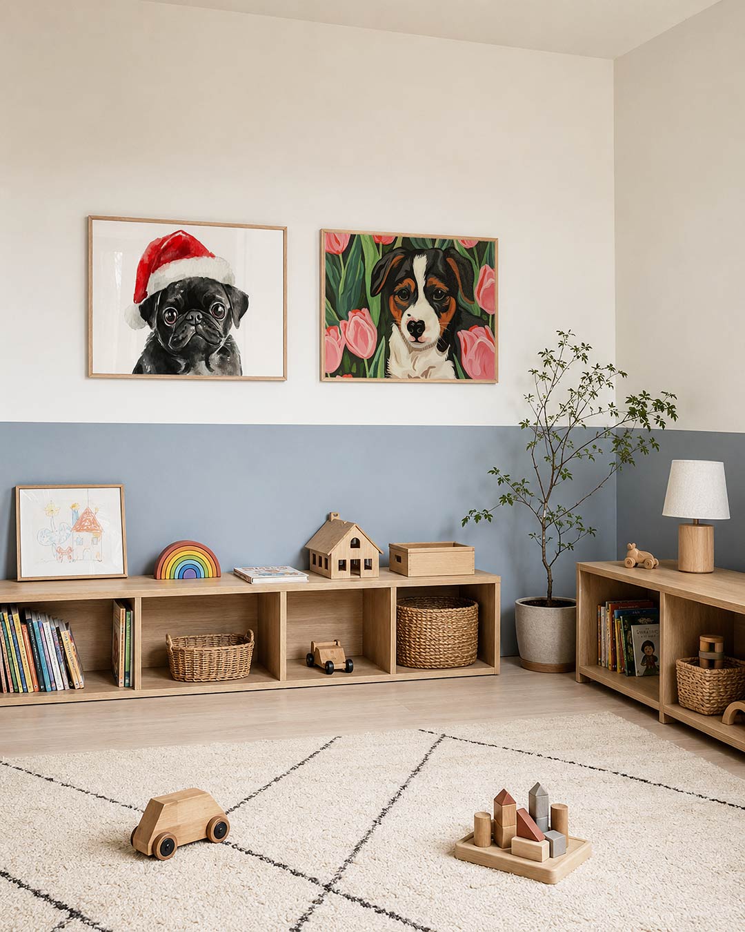 Interieurpresentatie van twee posters met een schattige zwarte mopshond met een rode kerstmuts