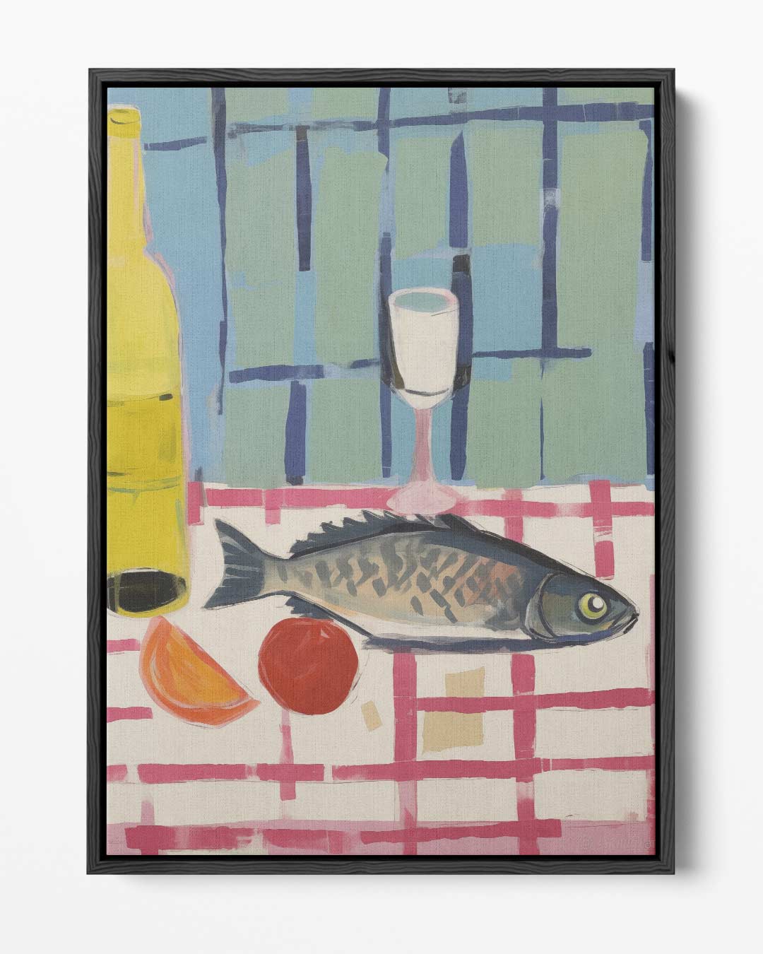 Fish with wine on a checkered tablecloth