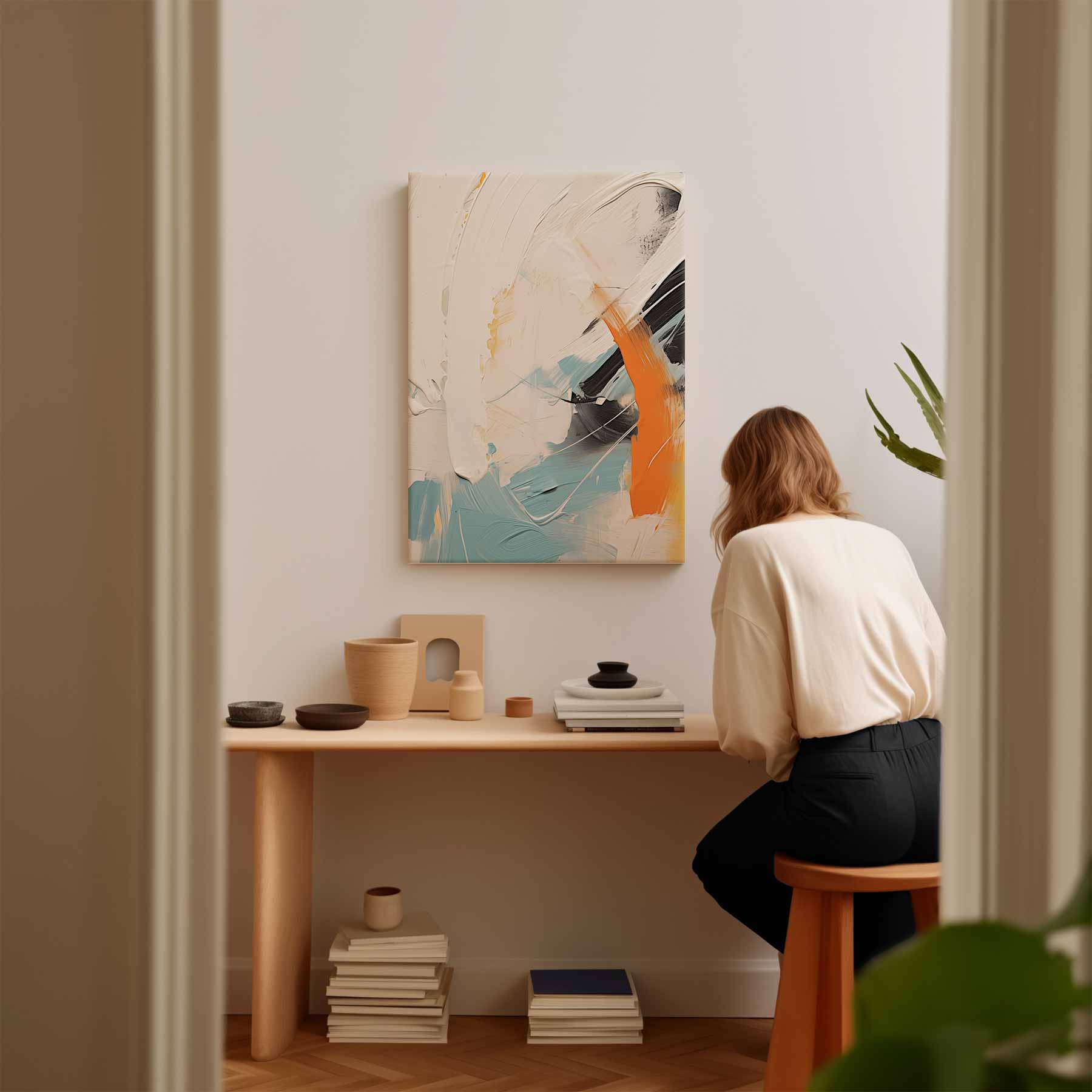 Abstract color movement with orange accent 