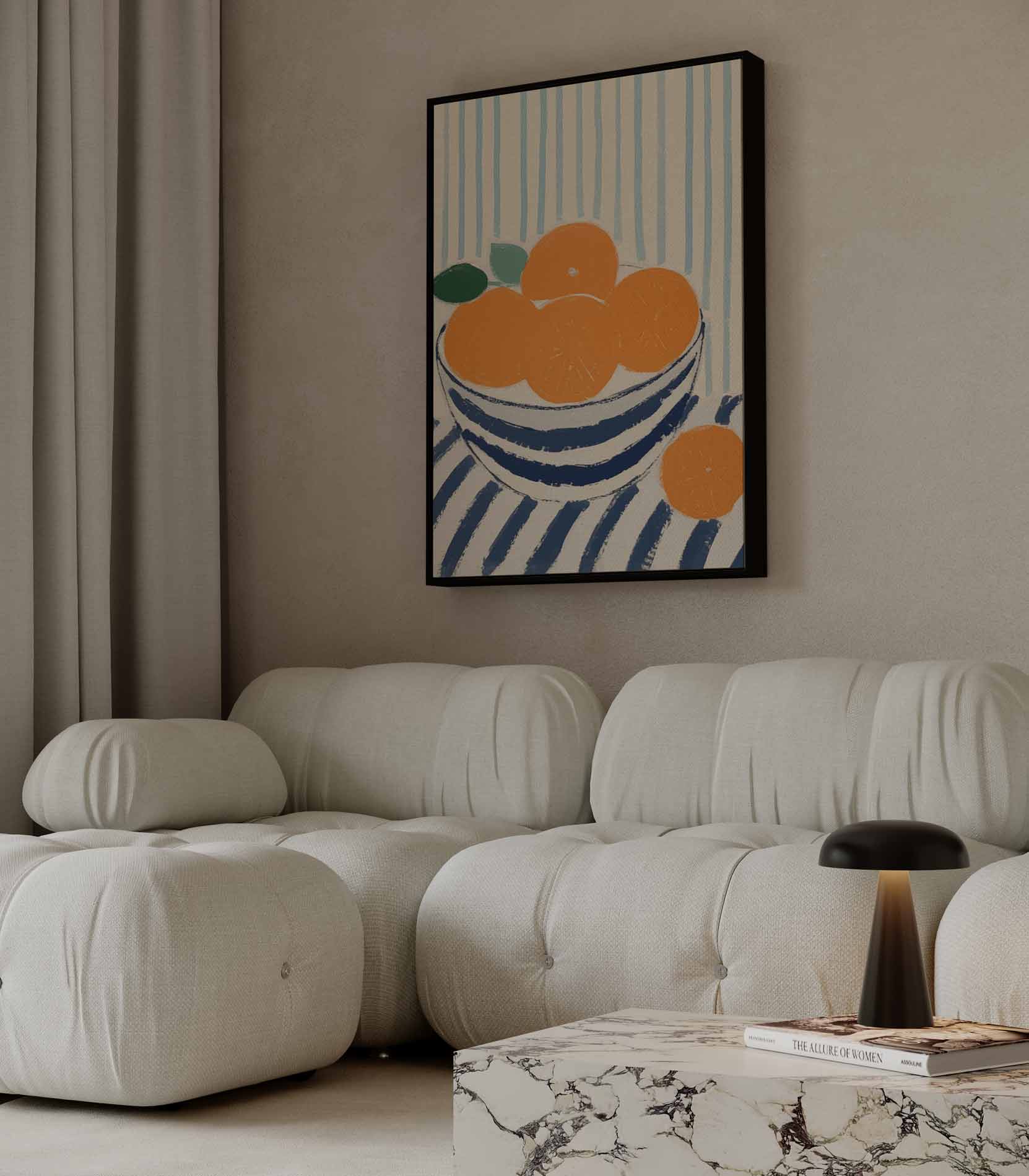 Blauwe kom met sinaasappels op gestreept tafelkleed Kunstwerk-canvas-dibond-plexiglas-wanddecoratie-WallArtistic