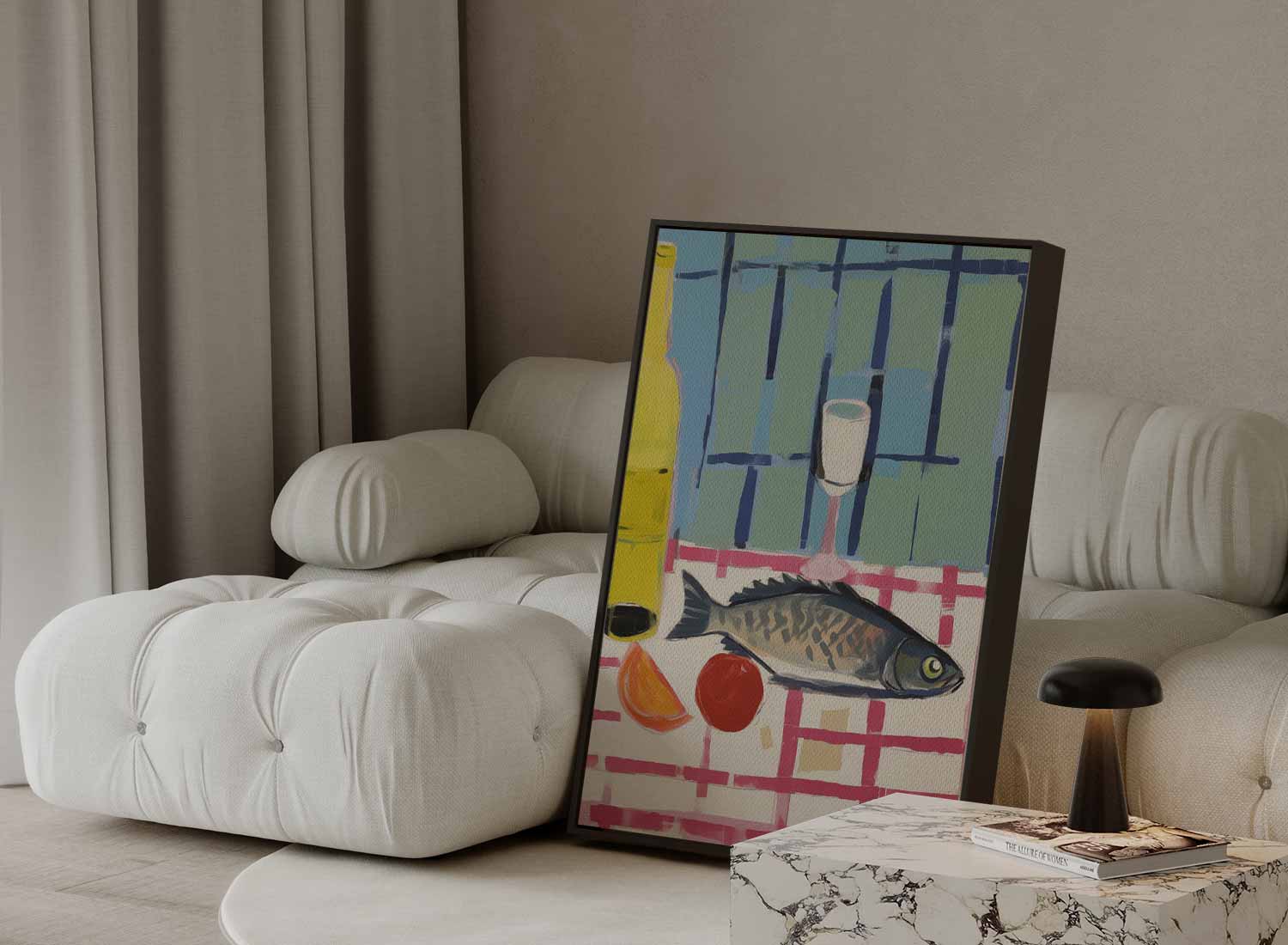 Fish with wine on a checkered tablecloth
