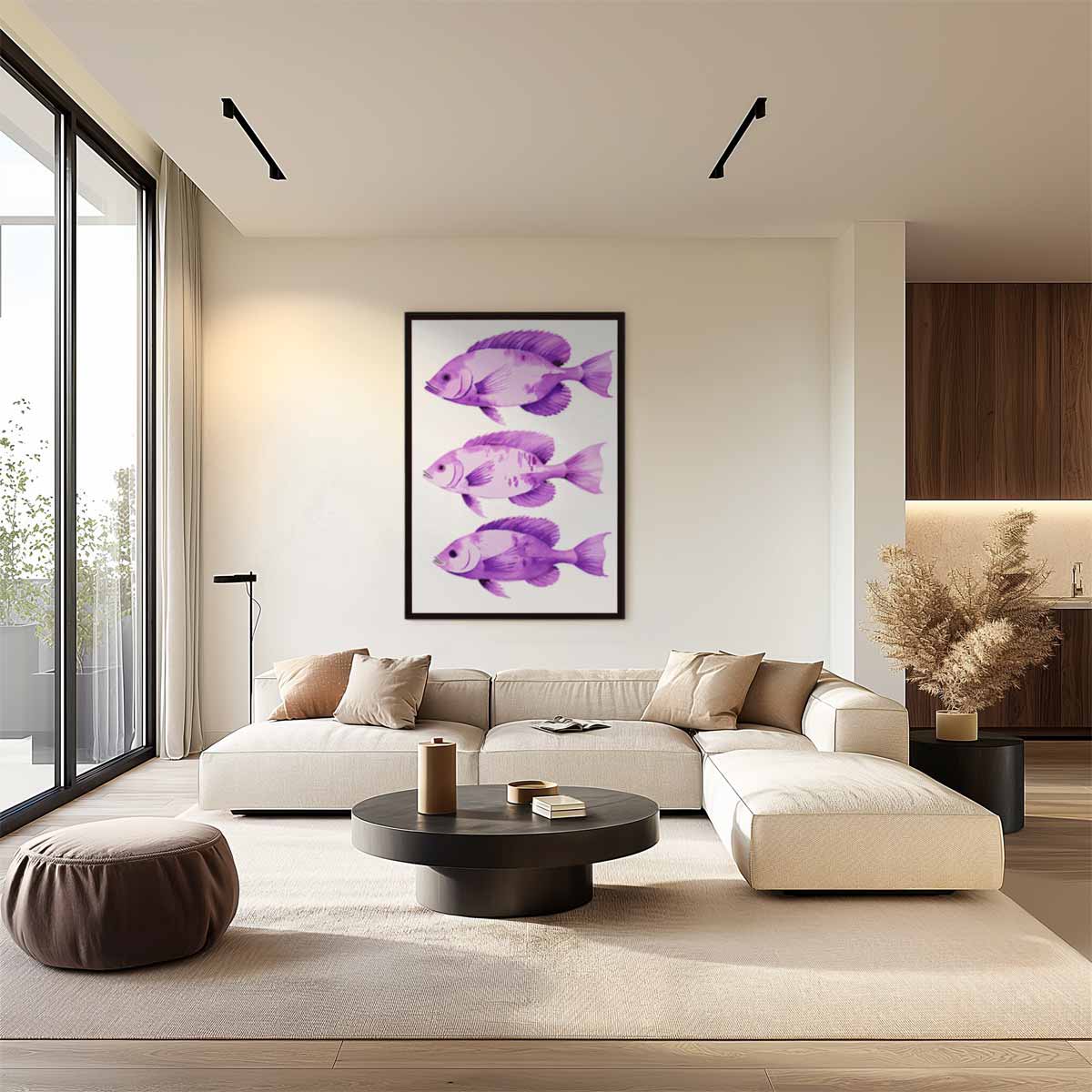 Paarse Vis Trio Kunstwerk-canvas-dibond-plexiglas-wanddecoratie-WallArtistic