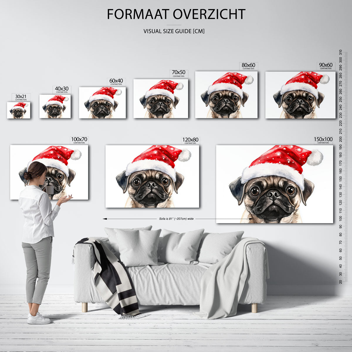 Mopshond met kerstmuts Poster