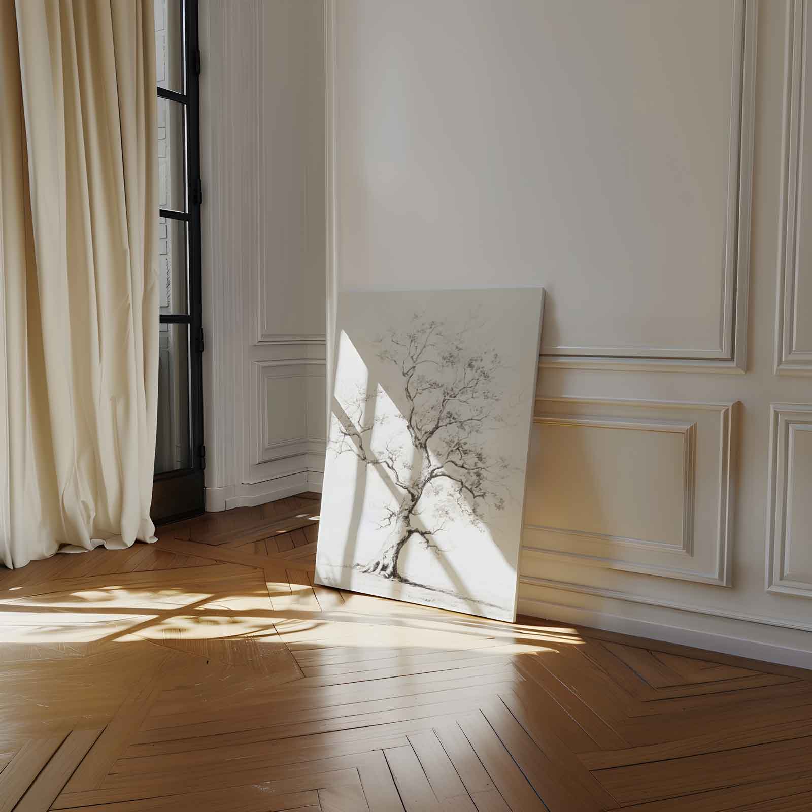 Elegante Boomtekening in Zwart-Wit Kunstwerk-canvas-dibond-plexiglas-wanddecoratie-WallArtistic