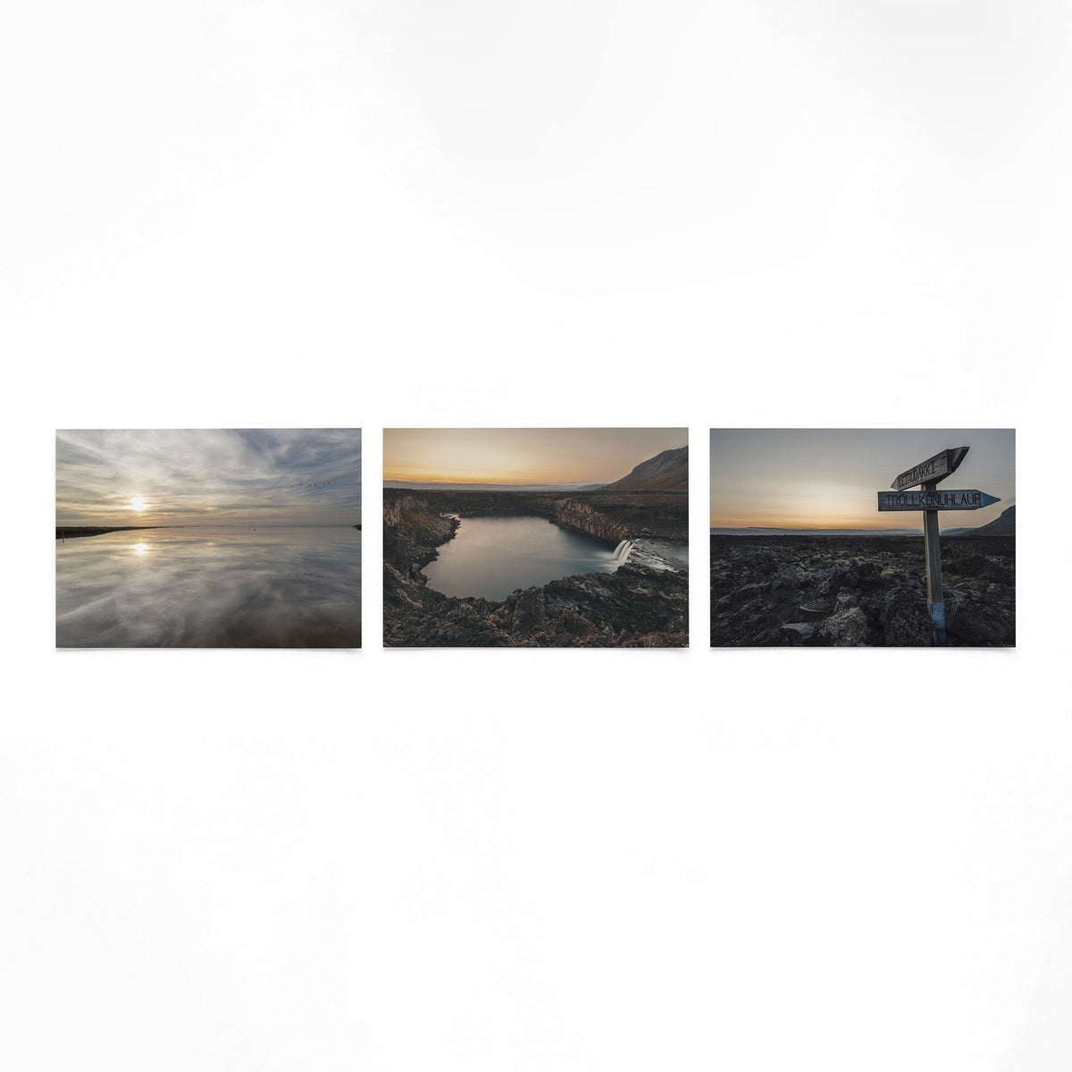Productfoto van drie liggende posters met stilte bij zonsondergang – Gerald Emming