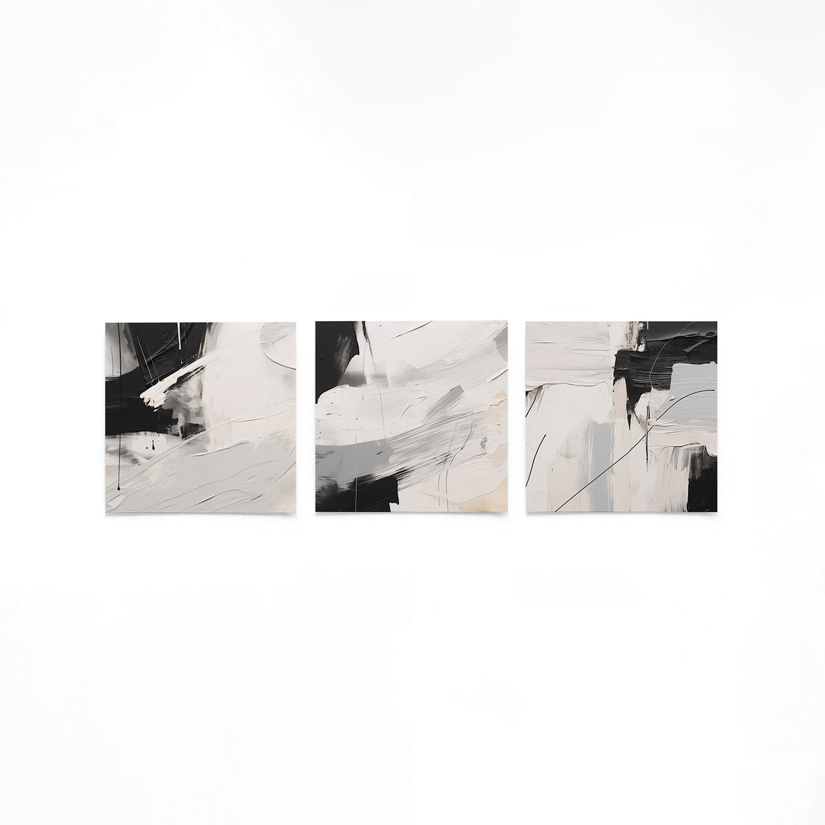 Drie vierkante posters met abstracte zwart wit op een gebroken witte achtergrond