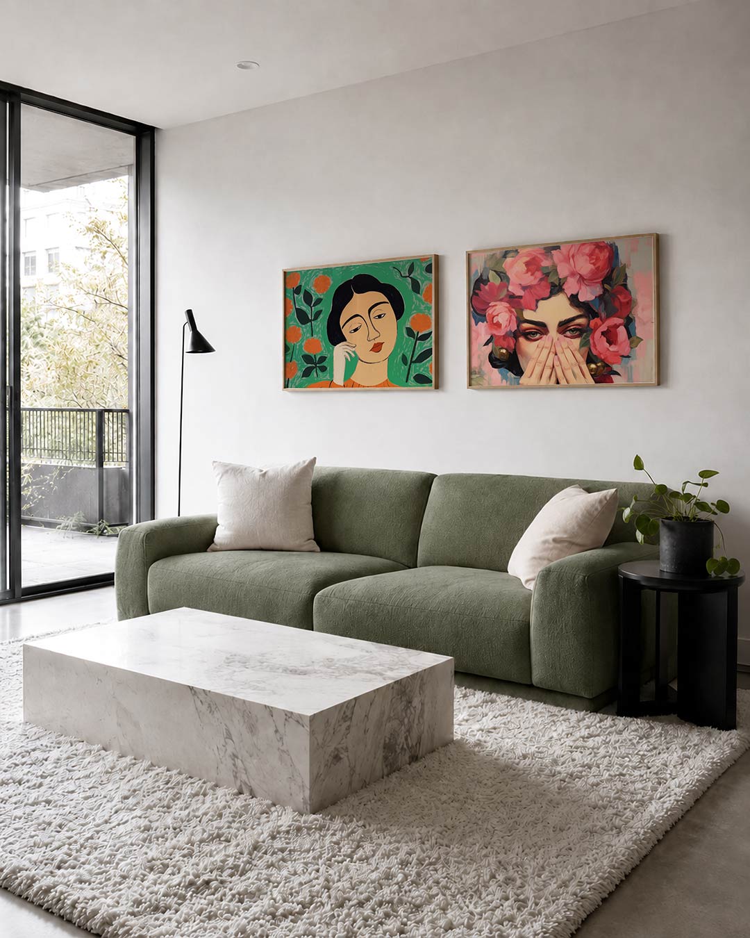 Twee liggende posters met een vrouw met een serene blik, aan de muur in een interieur