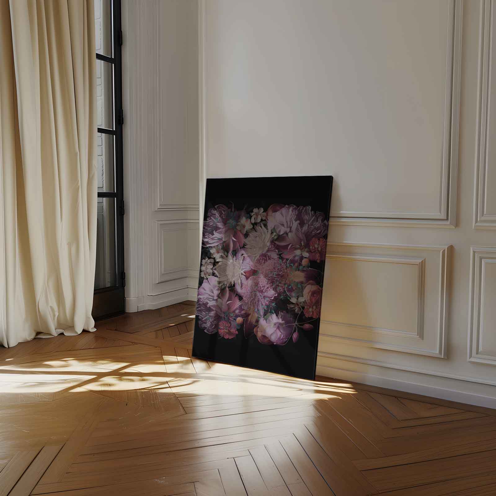 Bloemenpracht op Zwart Kunstwerk-canvas-dibond-plexiglas-wanddecoratie-WallArtistic