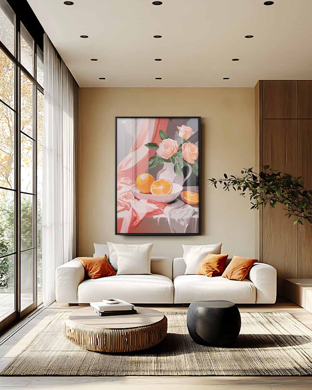Bloemen en Sinaasappels Stillleven Kunstwerk-canvas-dibond-plexiglas-wanddecoratie-WallArtistic