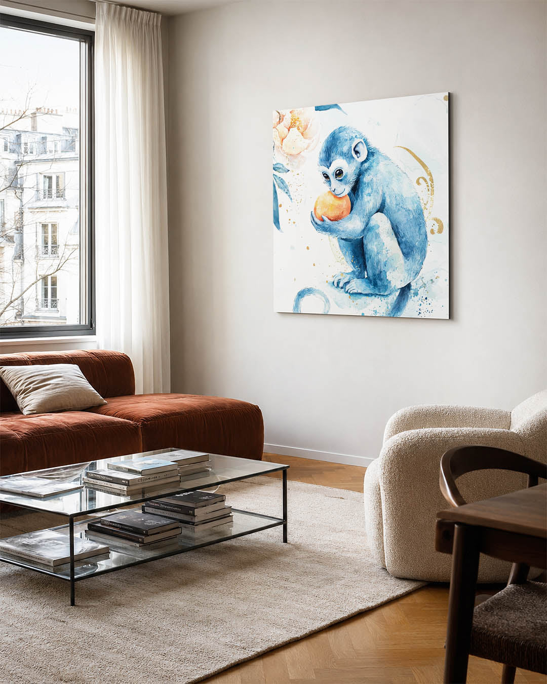 Speelse blauwe aap Kunstwerk