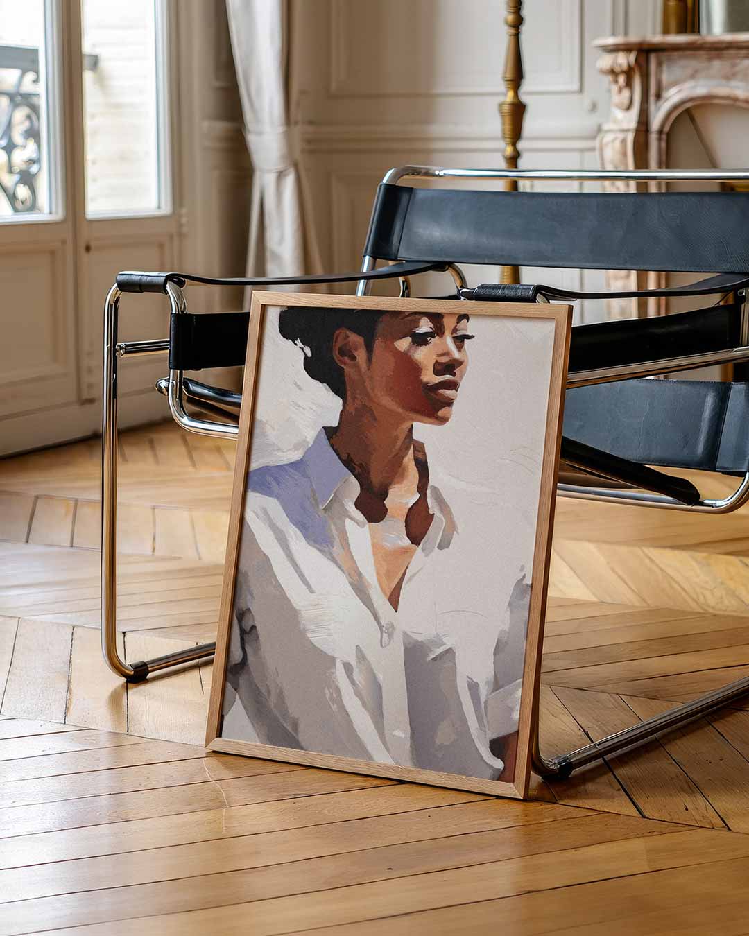Elegante Vrouw in Witte Blouse Poster-WallArtistic