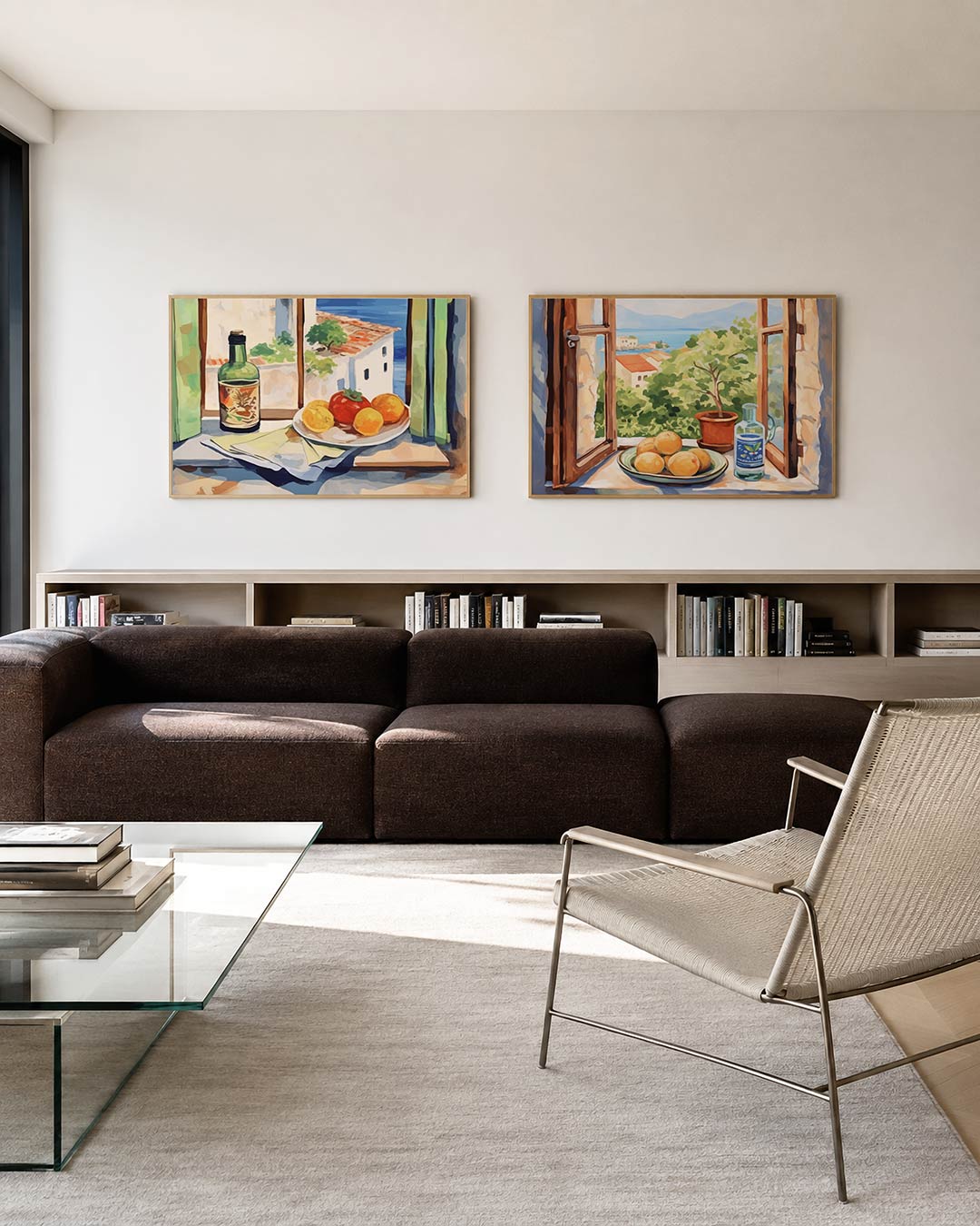 Twee liggende posters met een posterset in twee delen met fruit, een fles en uitzicht op zee, aan de muur in een interieur