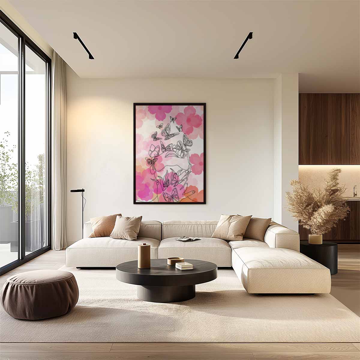 Vlinders en Bloemen Lijntekening Kunstwerk-canvas-dibond-plexiglas-wanddecoratie-WallArtistic