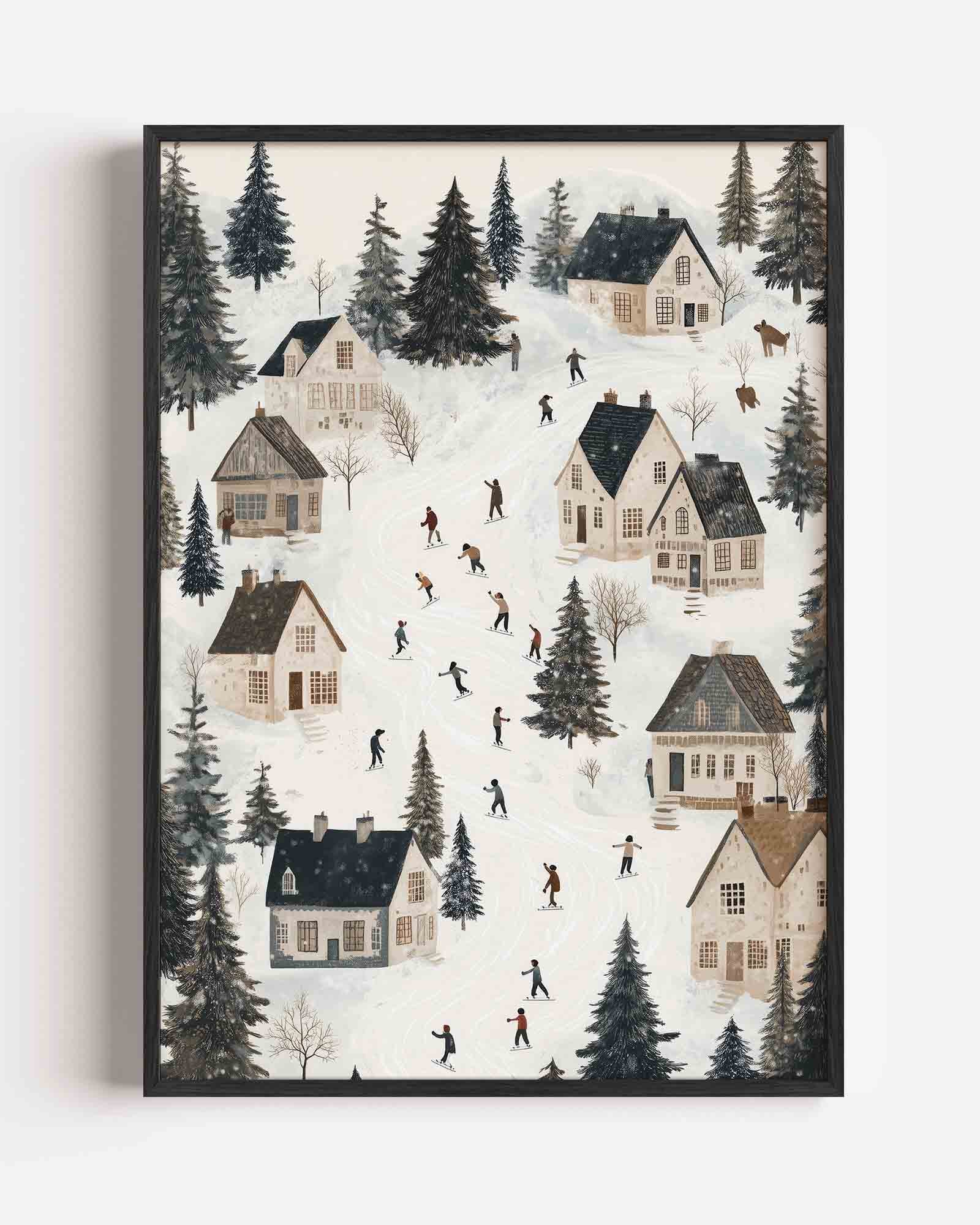 Winterdorp met schaatsers Poster