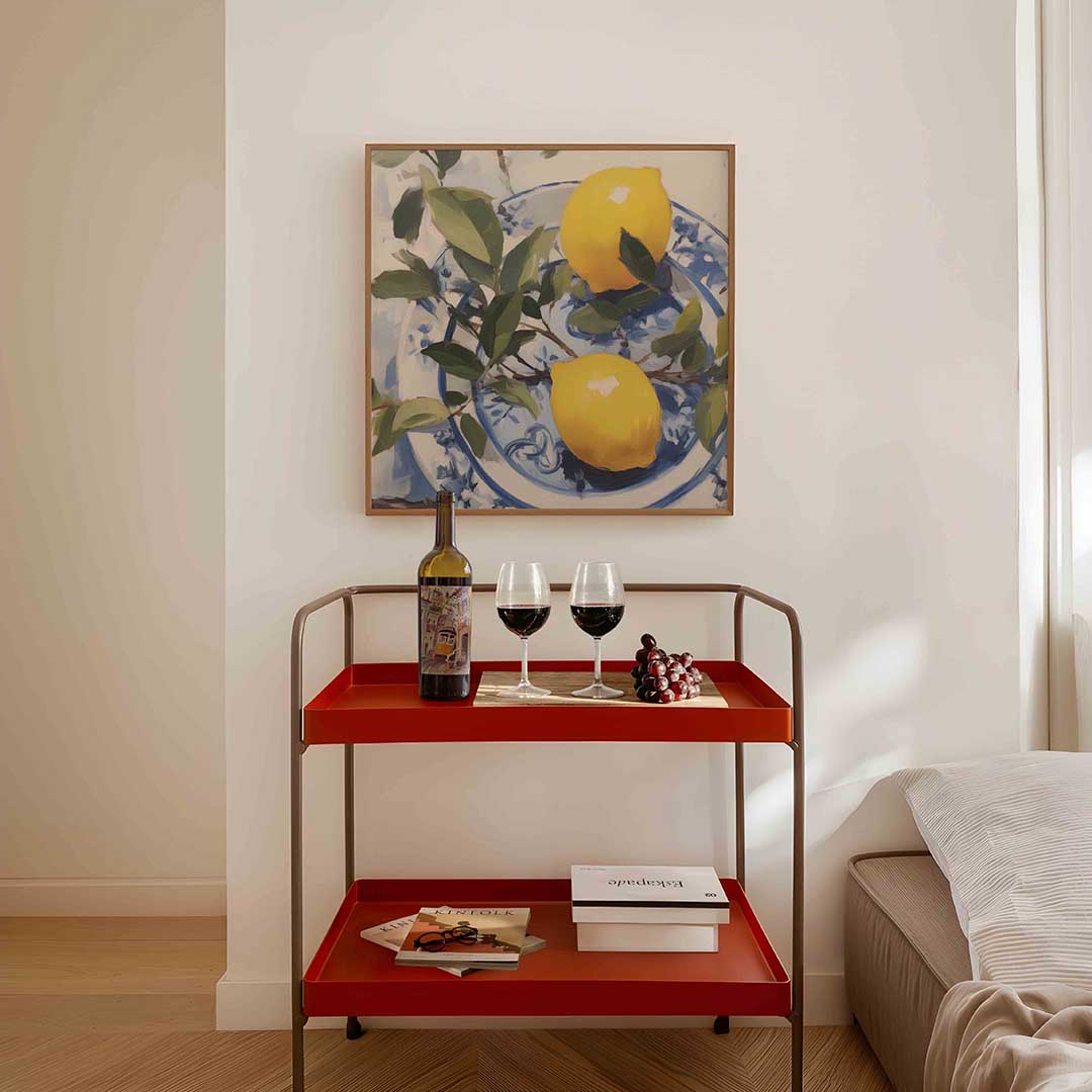 Citroenen op blauw wit bord Poster