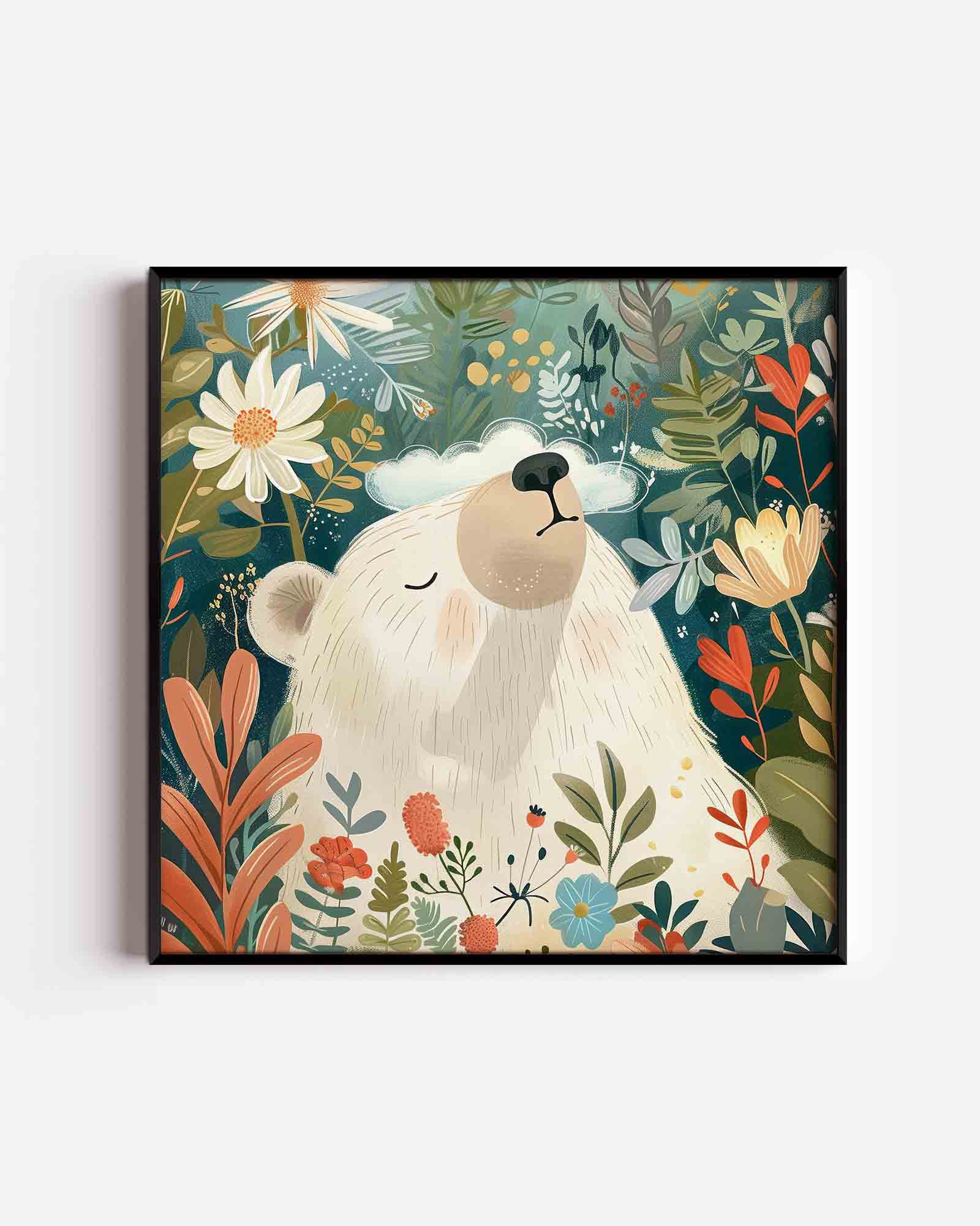 Witte beer en bloemen Poster