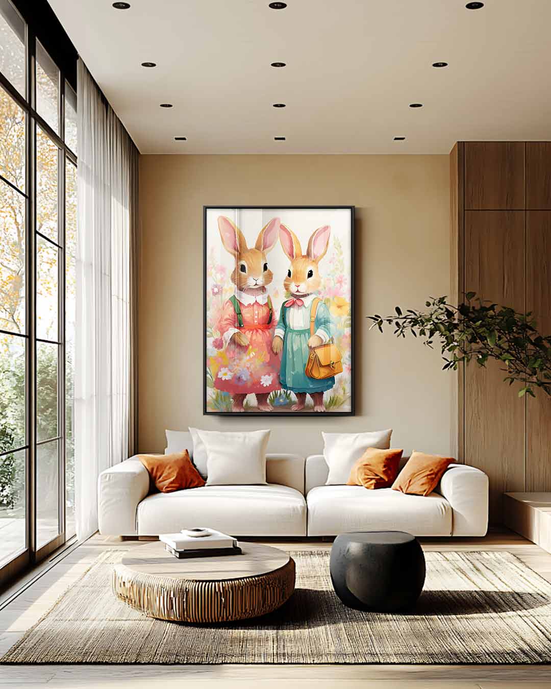 Konijnenvrienden in Bloemenweelde Kunstwerk-canvas-dibond-plexiglas-wanddecoratie-WallArtistic