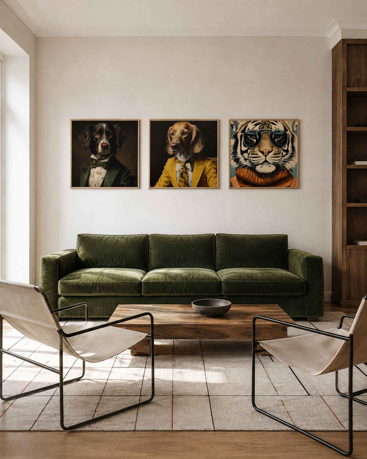 Interieurpresentatie van een driedelige vierkante posterset met dieren in kostuum