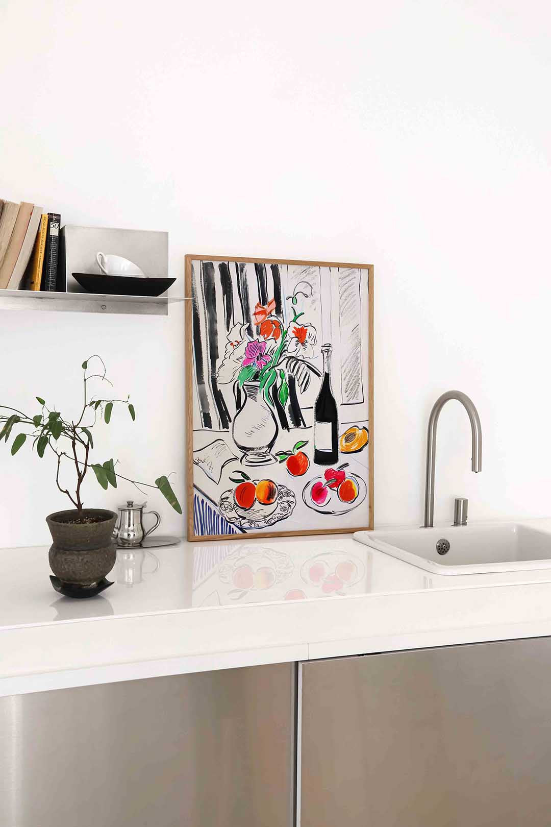 Bloemen en fruit op tafel Poster