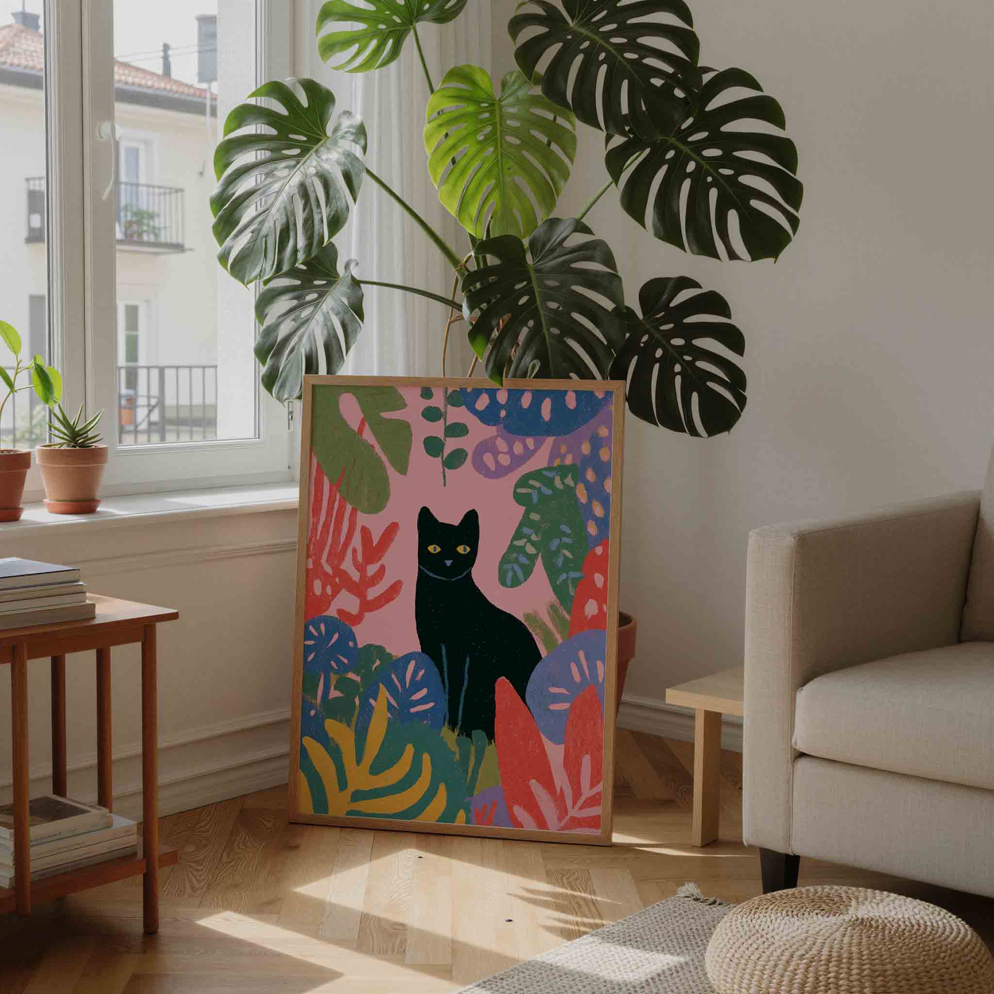 Zwarte kat en bladeren Poster