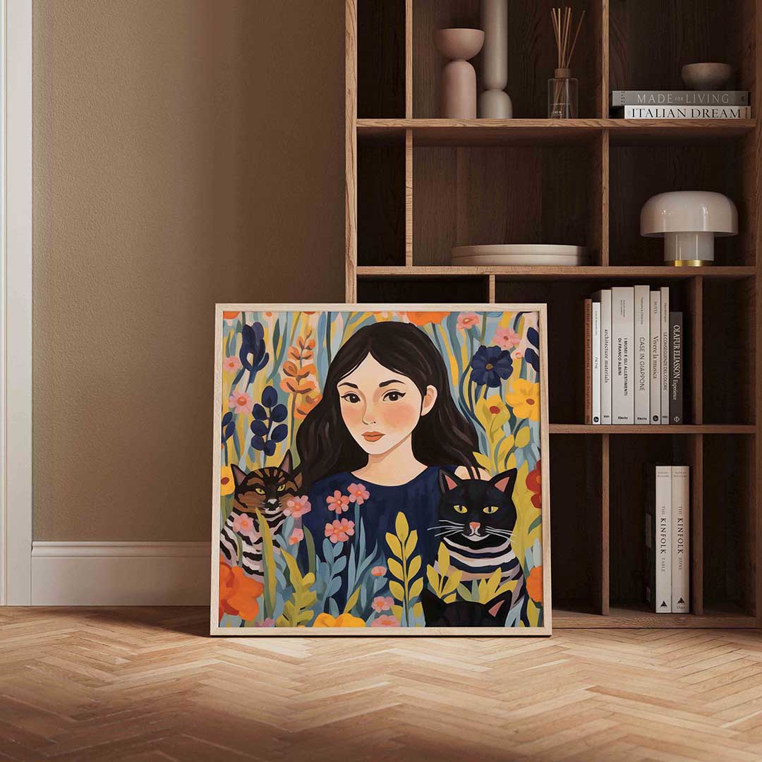 Meisje met katten en bloemen Poster