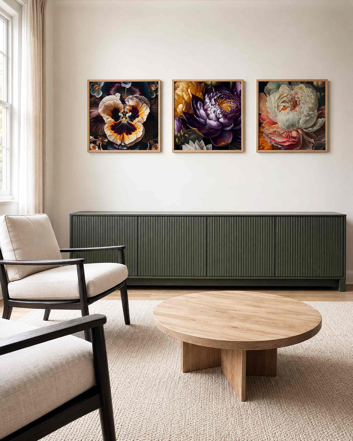 Interieurpresentatie van een driedelige vierkante posterset met grote bloemen