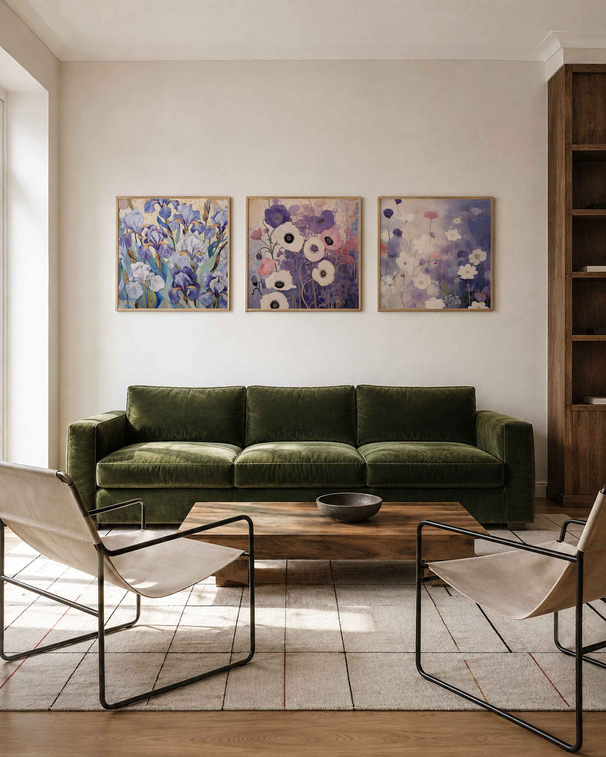 Interieurpresentatie van een driedelige vierkante posterset met paarse bloemen