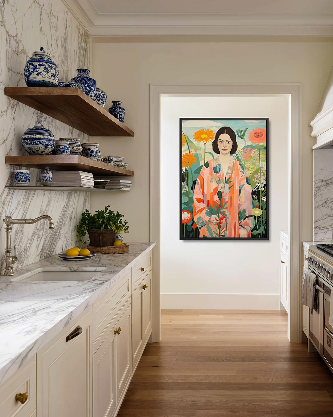 Vrouw in bloemen Kunstwerk