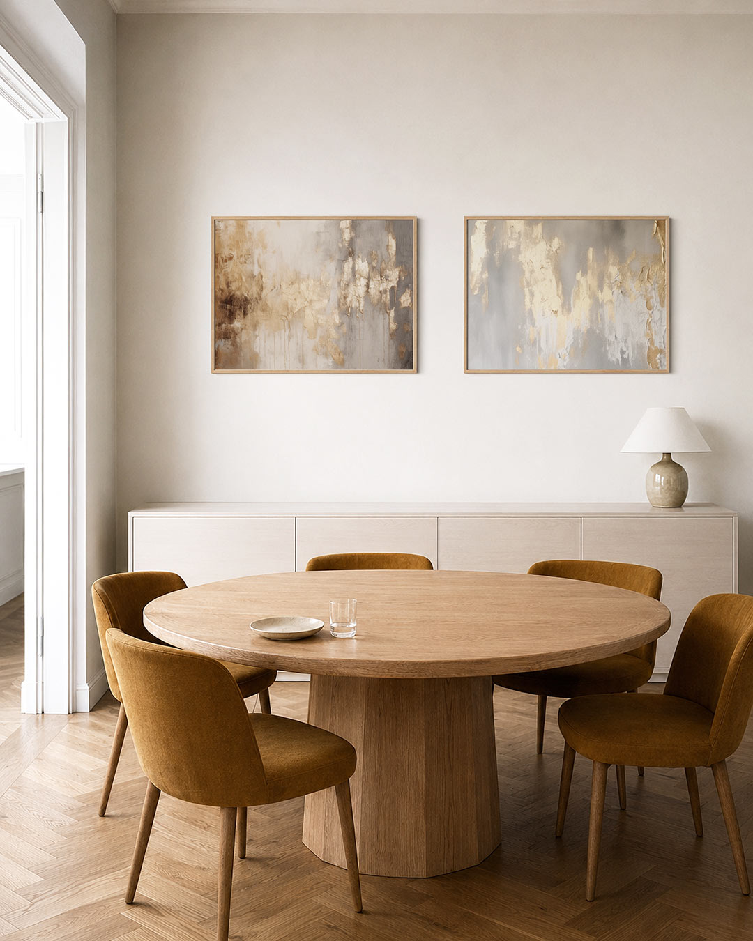 Tweedelige posterset met een spel van gouden en grijze tinten, getoond in een interieur