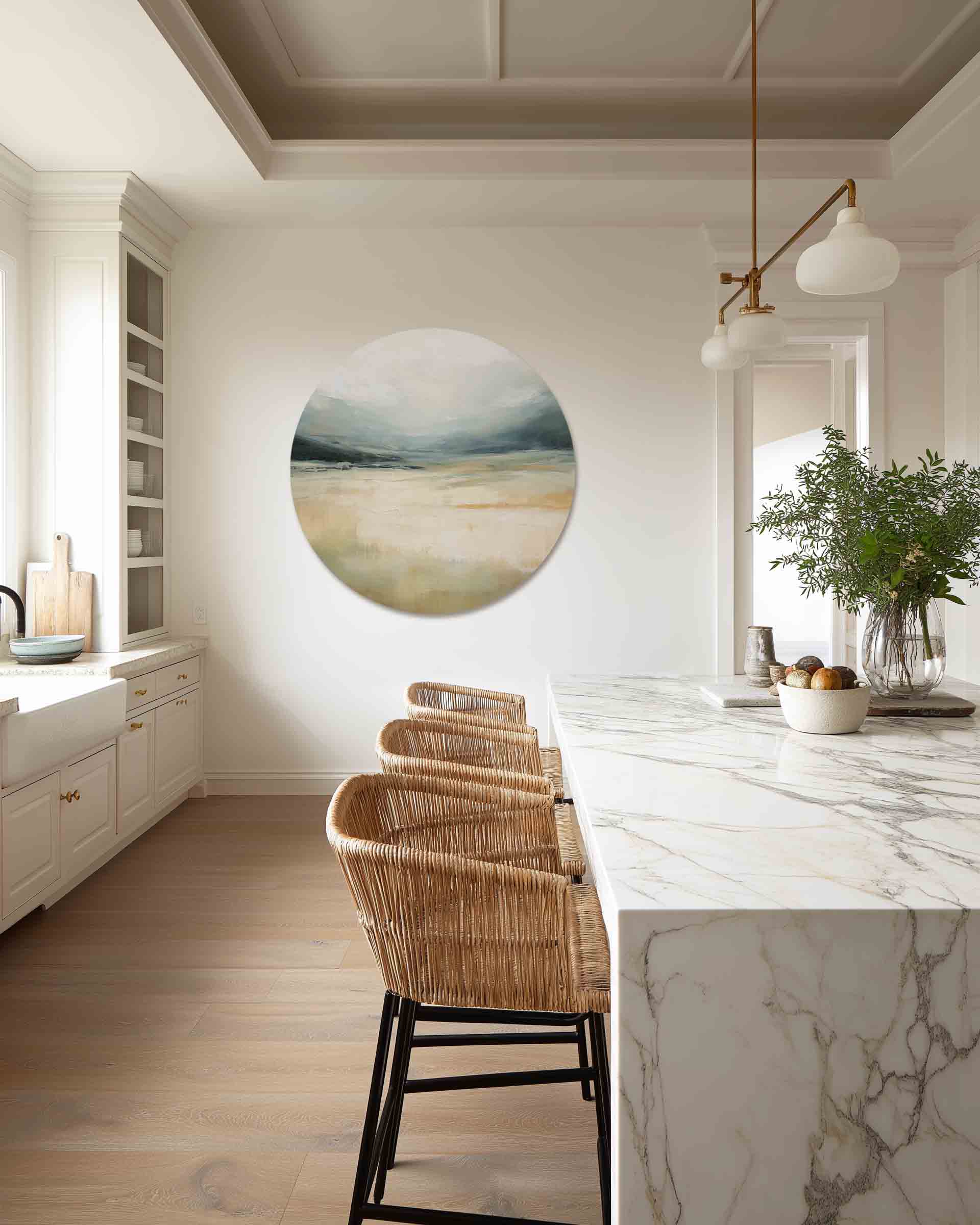 Landschap in beige en blauw Muurcirkel
